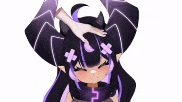 a hand touches the head of a purple and black anime girl
