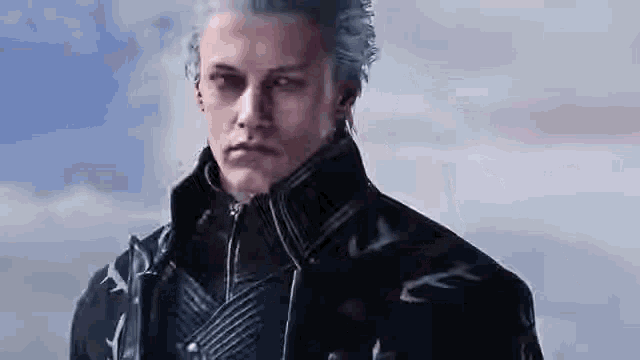 a man with blue hair is standing in front of a cloudy sky in a video game .
