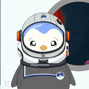 a penguin wearing an astronaut 's helmet is standing in front of a window