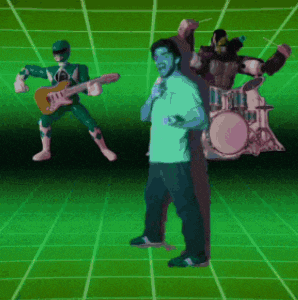 a green power ranger playing a guitar and a man singing