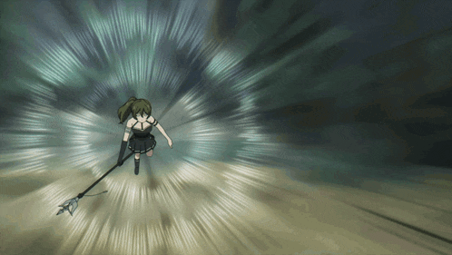 a girl in a black dress is flying through the air holding a spear