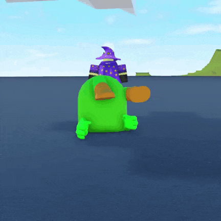 a green among us character with a purple hat is laying on the ground .