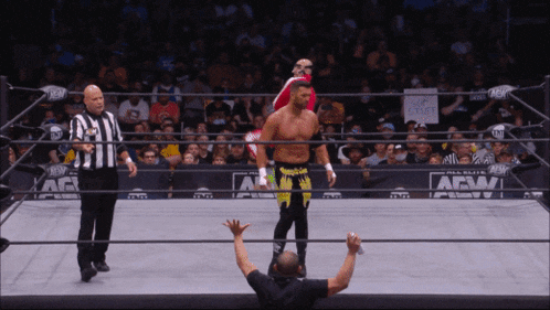 a man in a wrestling ring with a sign that says aew on it