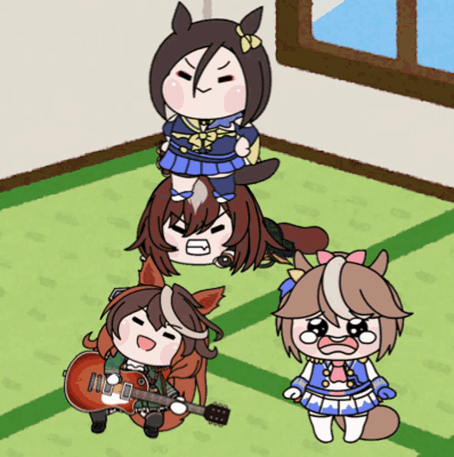 a cartoon of a horse playing a guitar with a girl crying