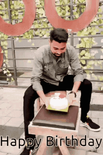 a man is sitting on a stool with a birthday cake in front of him and the words happy birthday are on the bottom