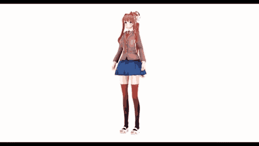 a 3d model of a girl with long red hair and a blue skirt is dancing .