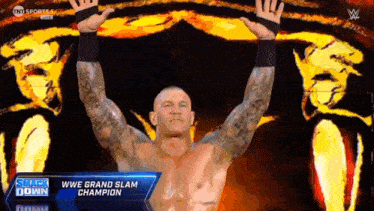 a wrestler with his arms in the air and the words wwe grand slam champion on the bottom