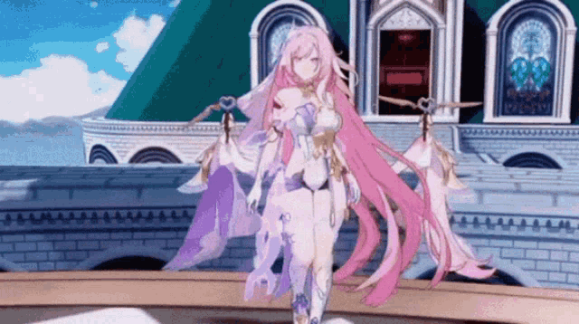 a woman with long pink hair is standing in front of a castle .
