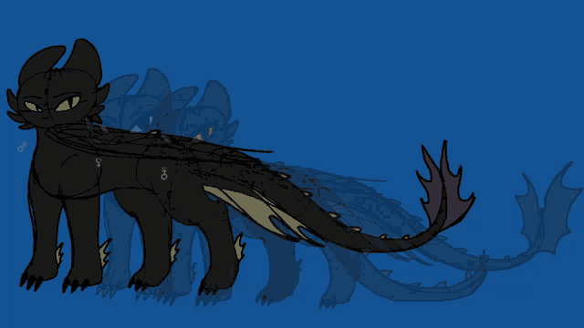 a drawing of a black dragon with yellow eyes and a tail