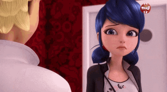 a cartoon character with blue hair is standing next to a man in a room .