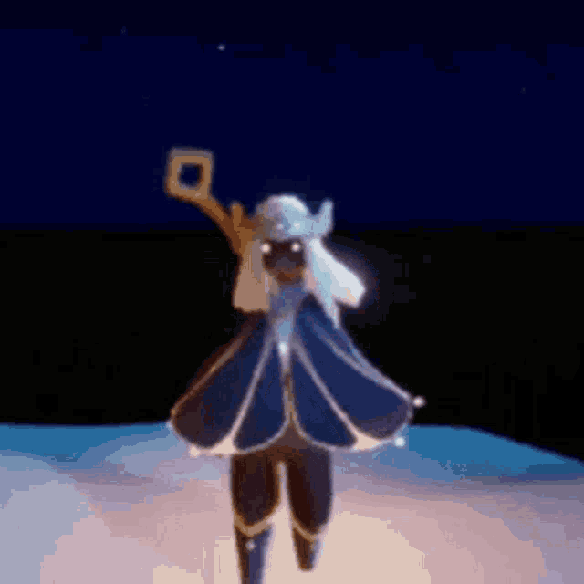 a person in a blue dress is standing in the snow holding a sword .