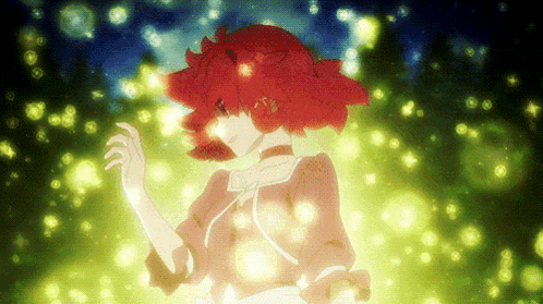 a girl with red hair is surrounded by lights