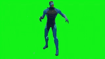 a man in a blue suit is standing on a green screen .