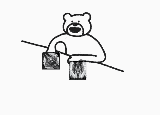 a black and white drawing of a teddy bear holding a stick and two boxes .