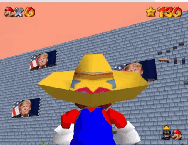 a cartoon character wearing a sombrero stands in front of a brick wall with donald trump pictures on it