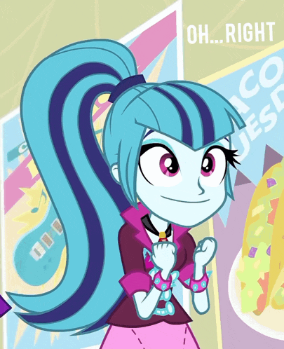 a cartoon girl with blue hair is standing in front of a sign that says " oh right "