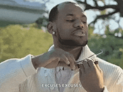 a man is cutting his beard with a pair of scissors and the words excuses excuses are next to him