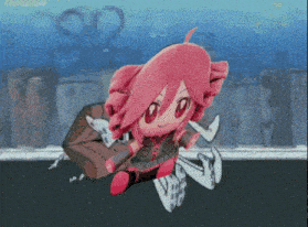 a stuffed doll with pink hair is sitting on a rock in the water