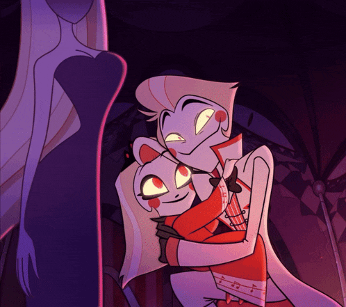 a cartoon drawing of a man and a woman hugging with the man holding a cat