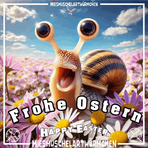 a picture of a snail with its mouth open and the words frohe ostern happy easter on the bottom