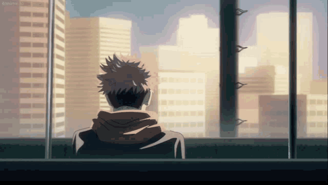 a cartoon character looking out a window at a city skyline