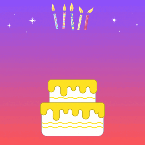 a purple and pink background with the word happy and a cake with yellow frosting
