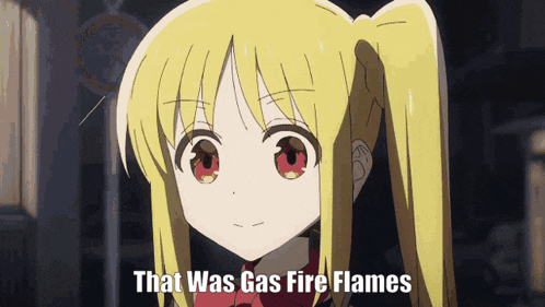 a picture of a girl with the words that was gas fire flames on the bottom