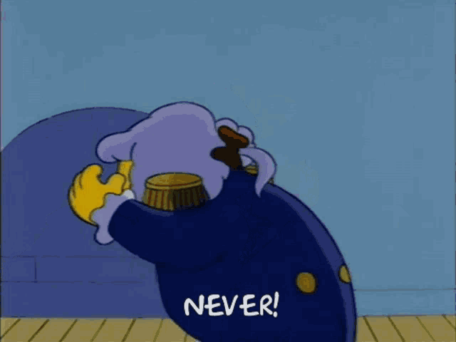 a cartoon character says " never " while waving