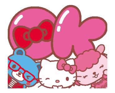a cartoon of hello kitty and a teddy bear with glasses