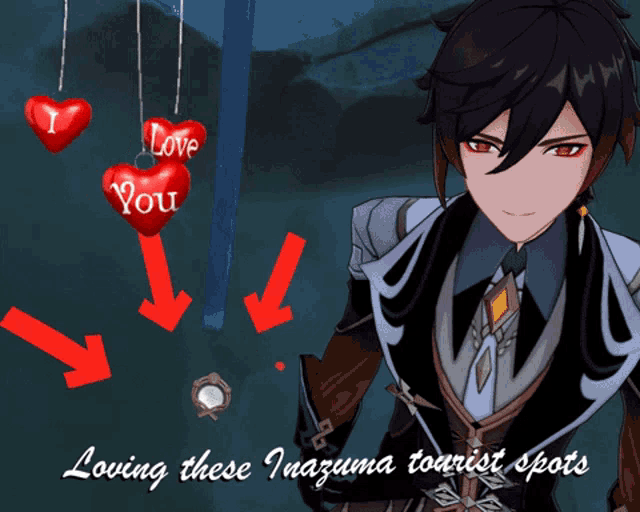 a man in a suit is standing in front of a sign that says " loving these inazuma tourist spots "