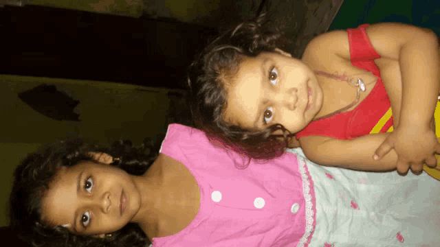 two little girls are posing for a picture and one is wearing a pink top