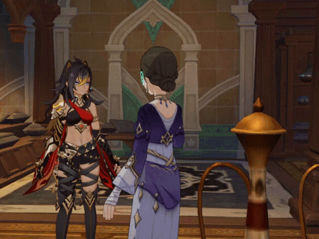 a woman in a blue dress stands next to another woman in a black outfit