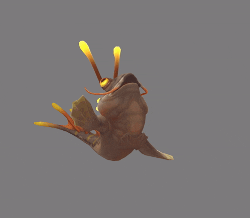 a 3d rendering of a frog with glowing yellow eyes