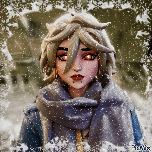 a picture of a girl with red eyes and a scarf with picmix written at the bottom