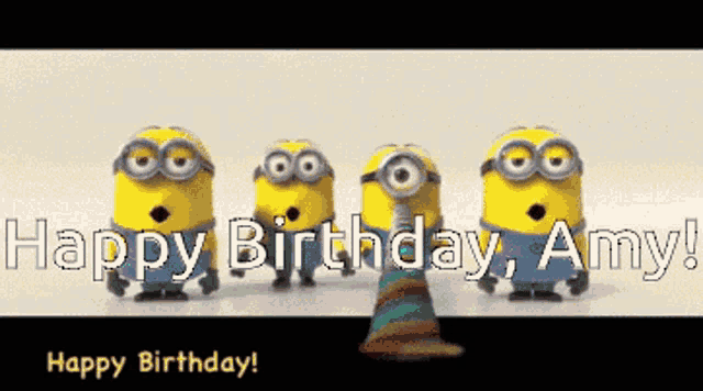 a group of minions standing next to each other with the words " happy birthday amy " on the bottom