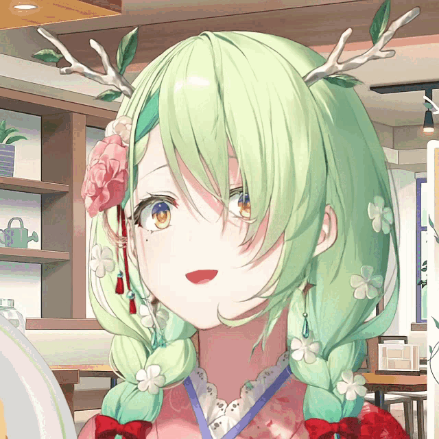 a girl with green hair has antlers on her head and flowers in her hair