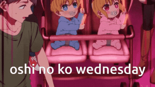 a couple of babies sitting in a stroller with the words " oshi no ko wednesday " above them