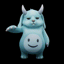 a blue stuffed animal with horns and a smiley face on its belly is standing on a black background .