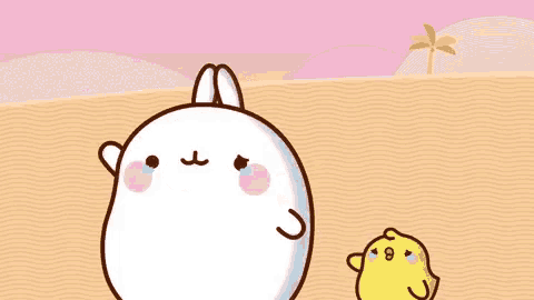 a cartoon rabbit is crying next to a yellow chicken on a beach .