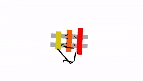 a drawing of a person standing next to a fence with a red , yellow , and gray bar .