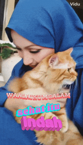 a woman in a blue hijab is holding an orange cat with the words waalaikumsalam schafitu indah on the bottom