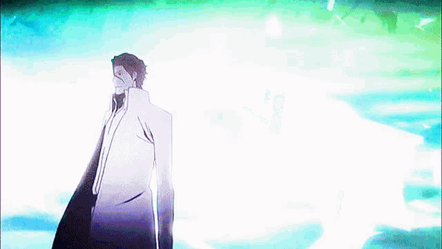 a man in a white cape is standing in front of a blue background