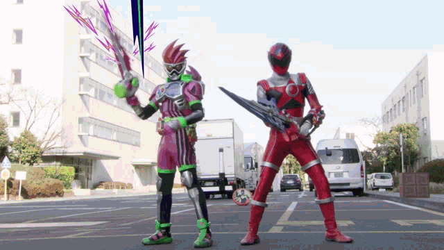 a man in a purple and green costume holds a sword