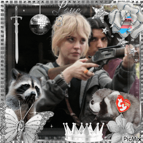 a picture of a woman holding a gun and a raccoon with a tag that says beanie baby