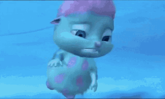 a cartoon hamster with pink hair is walking on a blue surface .