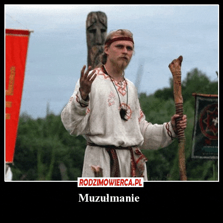 a man is holding a stick in front of a banner that says rodzinowiecca.pl muzulmanie