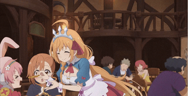 a girl with a crown on her head is holding a boy 's hand