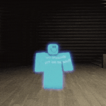 a blue roblox character with a smiley face is standing on a wooden floor in a dark room