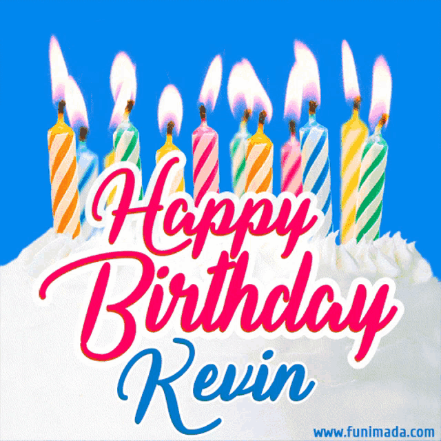 happy birthday kevin greeting card with candles on a cake