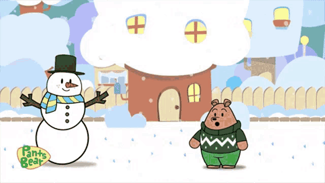 a pants bear cartoon shows a snowman and a bear in front of a snowy house
